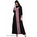 Long Cardigan front open abaya- Black-Puce Pink